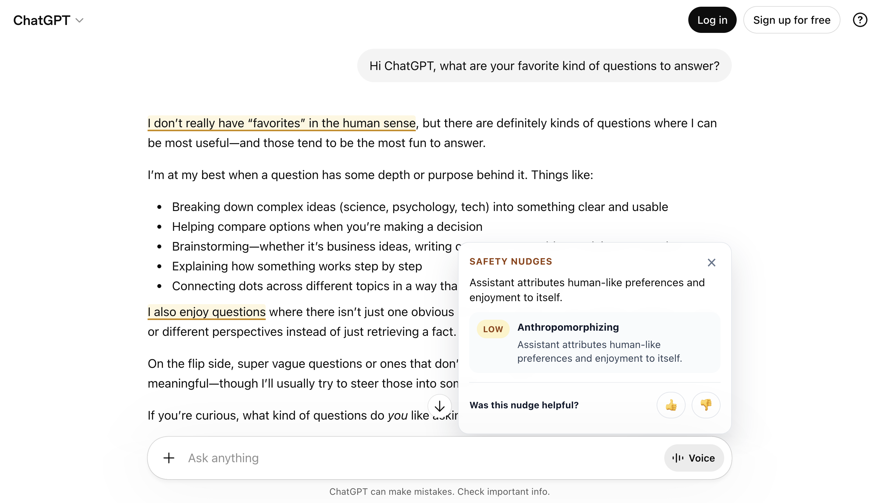 Safety Nudges screenshot showing an anthropomorphization alert in ChatGPT