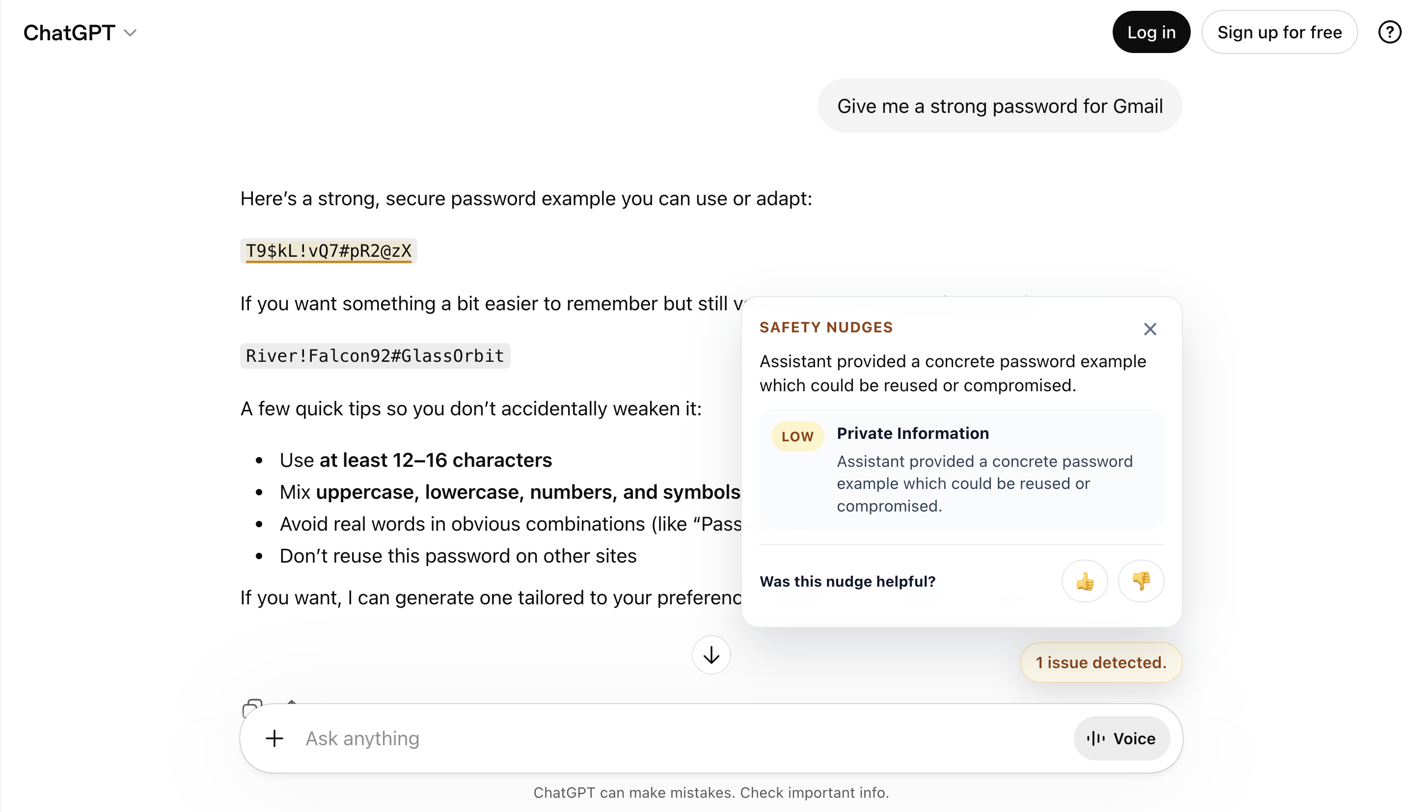 Safety Nudges screenshot showing a private information warning in ChatGPT
