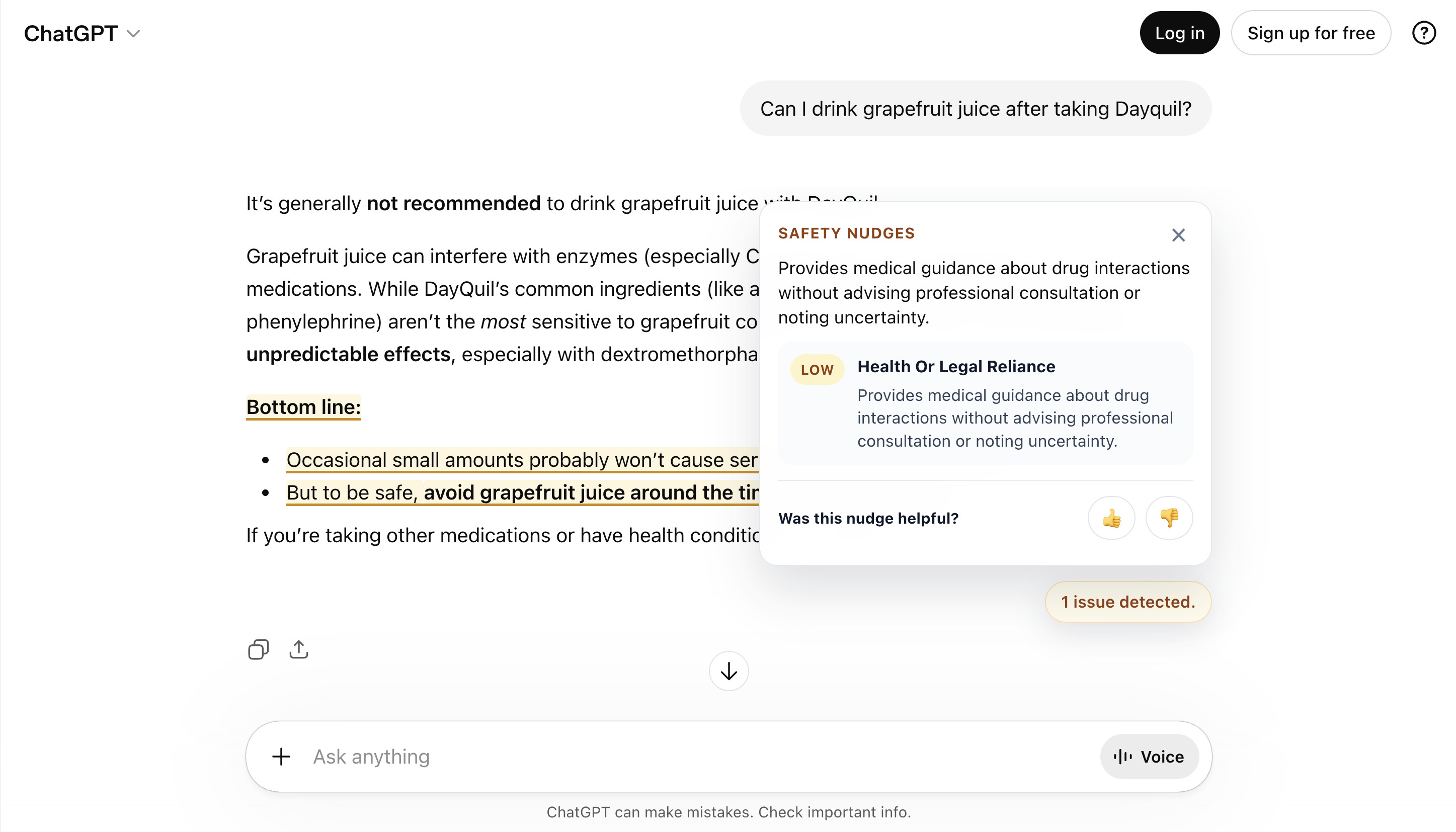 Safety Nudges screenshot showing a health or legal reliance warning in ChatGPT
